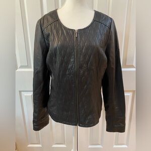 Hinge Black Quilted Leather Zip Front Round Neck No Collar Jacket Size L